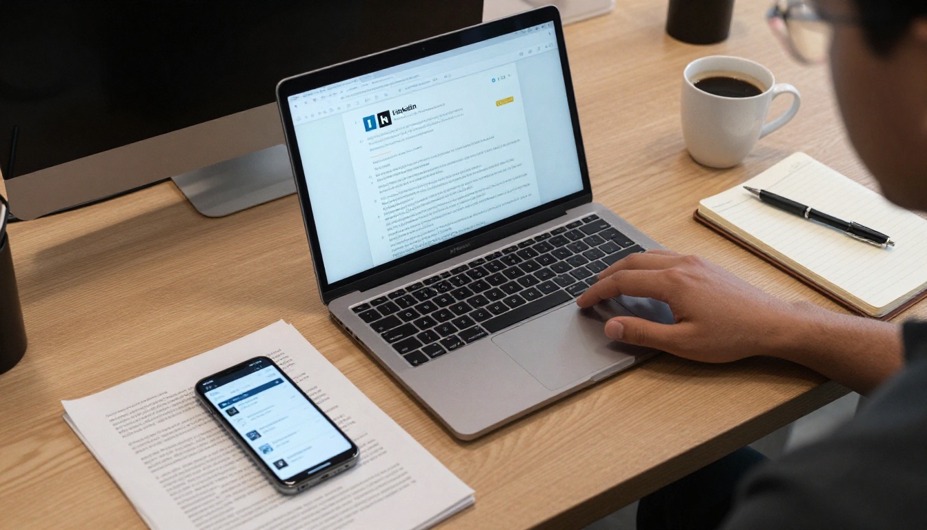 Aerial overhead view of a professional oak desk with a laptop showing a LinkedIn post, a smartphone with notifications, and a notebook