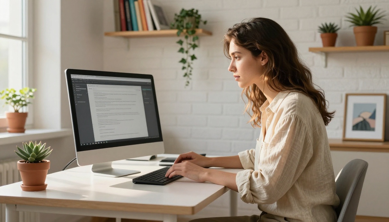 Young entrepreneur at a minimalist standing desk reviewing a proposal on a large curved monitor in a home office
