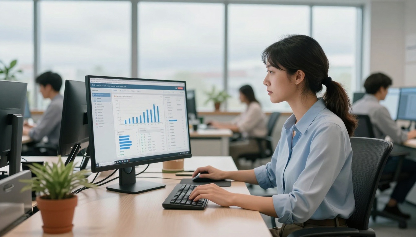 Marketing professional at a standing desk in a bright open-plan office viewing a social media analytics dashboard on her monitor