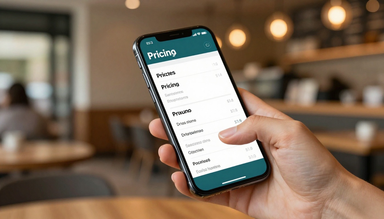 Smartphone held in hand showing a mobile proposal flipbook with pricing data against a warm cafe background