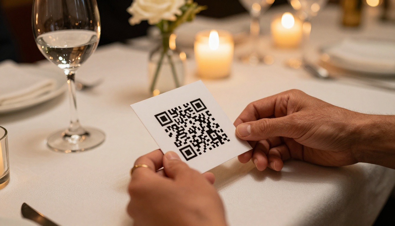 Restaurant owner placing an elegant QR code card on a beautifully set dining table with a wine glass and warm candlelight bokeh in the background