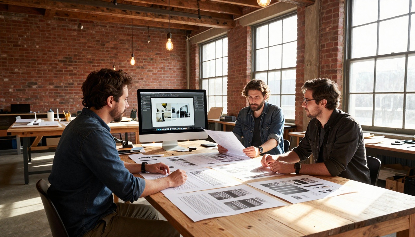 Three creative professionals reviewing proposal proof pages in an industrial studio with Edison bulb pendant lighting