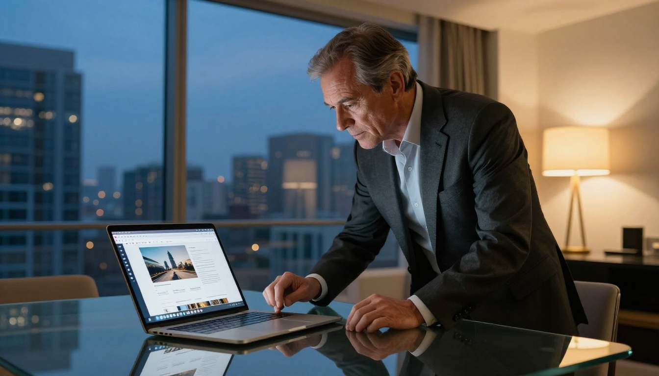 Executive reviewing a proposal flipbook on a MacBook in a luxury apartment with evening city skyline