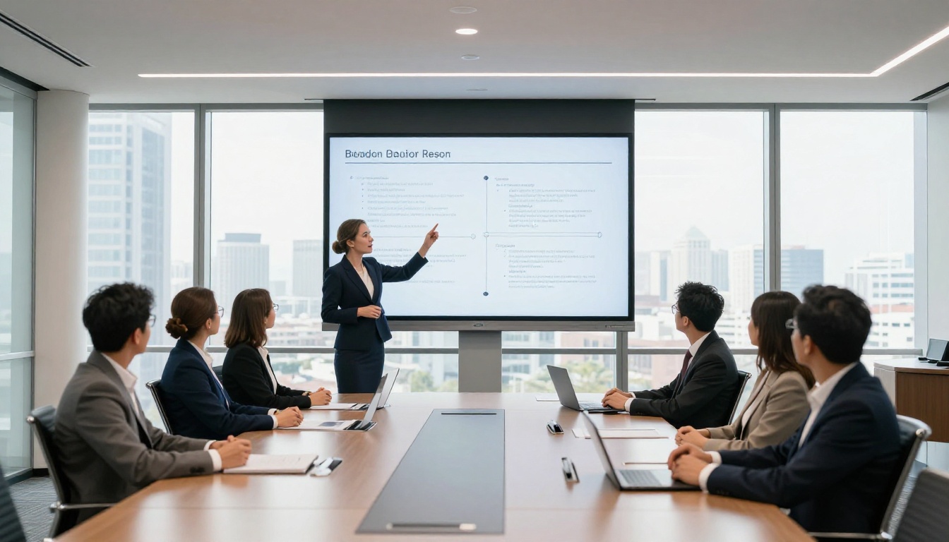 Wide boardroom presentation with a presenter gesturing toward a large screen showing a flipbook proposal