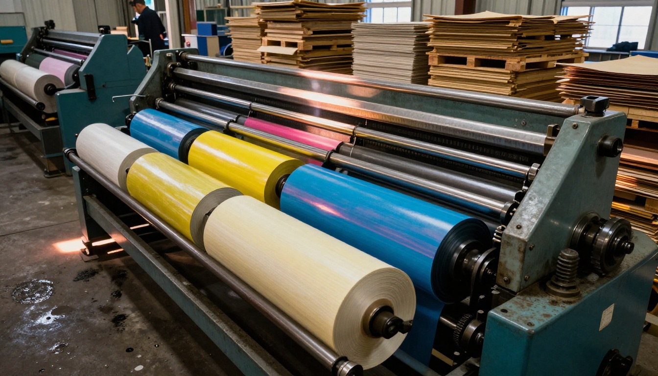 Industrial offset printing press in a large commercial print facility with paper feeds and ink rollers