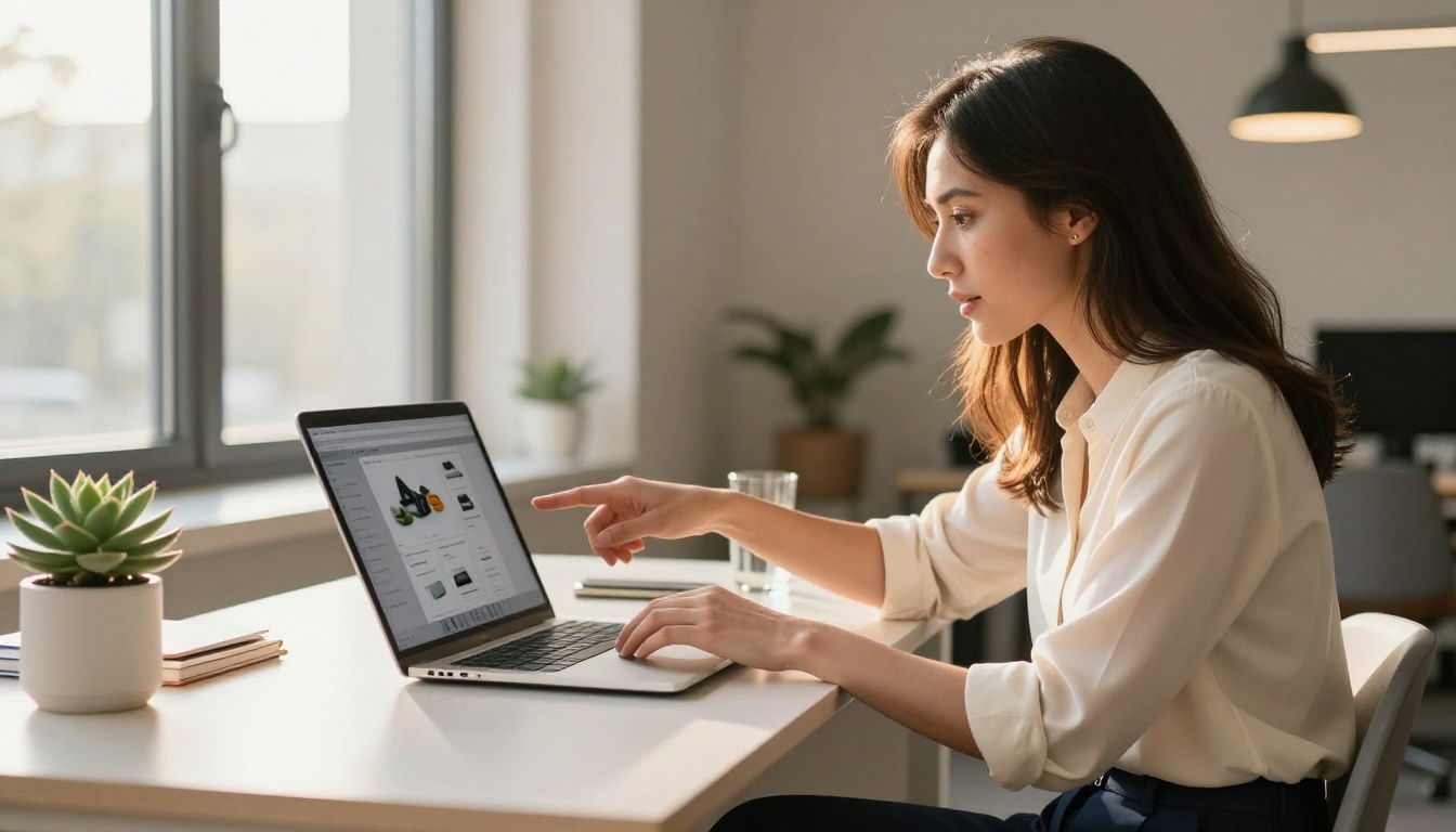 Young professional businesswoman in modern open-plan office browsing a digital product catalog on laptop
