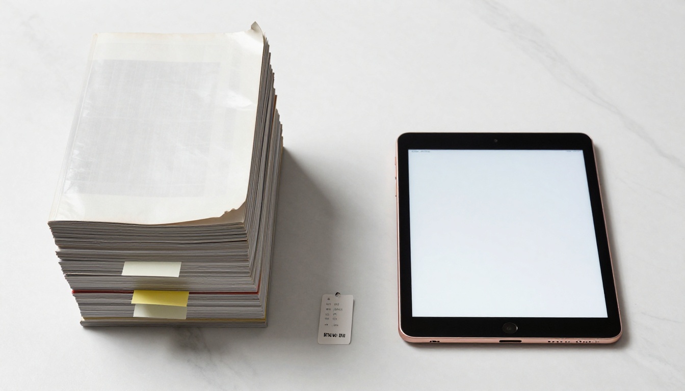 Overhead comparison of a tall stack of worn print catalogs next to a single slim iPad on a white marble surface