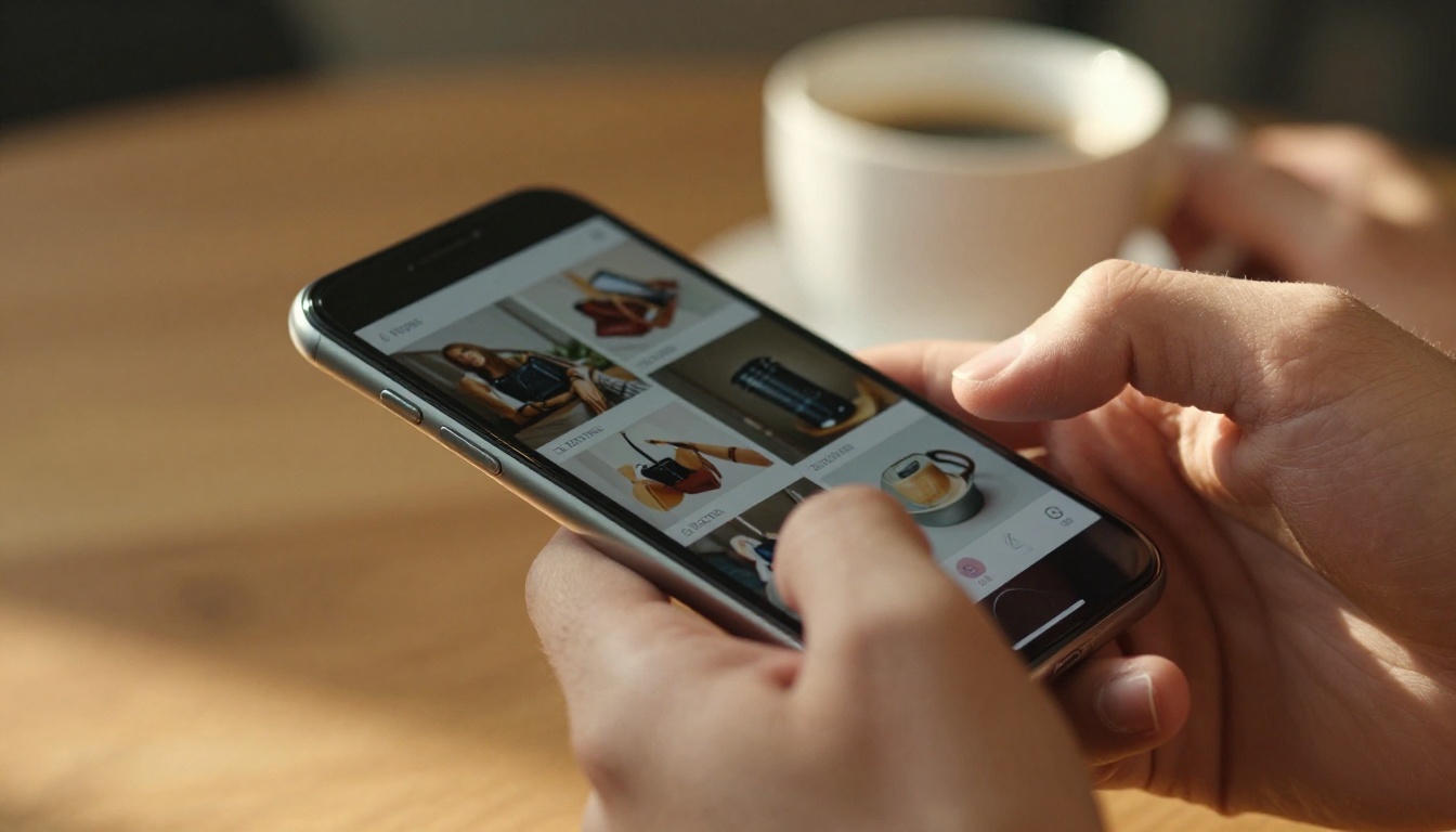 Male hands holding smartphone with a digital catalog page-turning animation visible on screen in a coffee shop