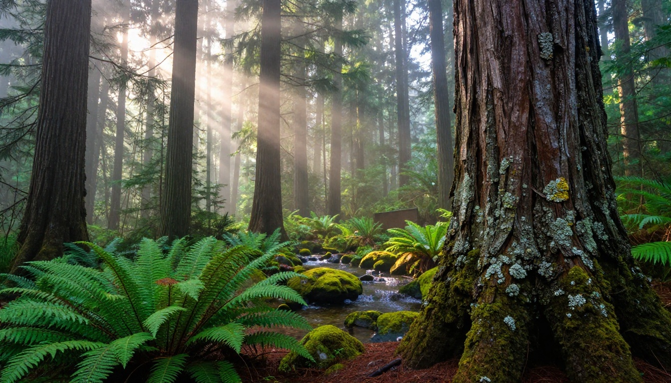 Lush Pacific Northwest forest with morning mist and towering Douglas fir trees representing environmental sustainability