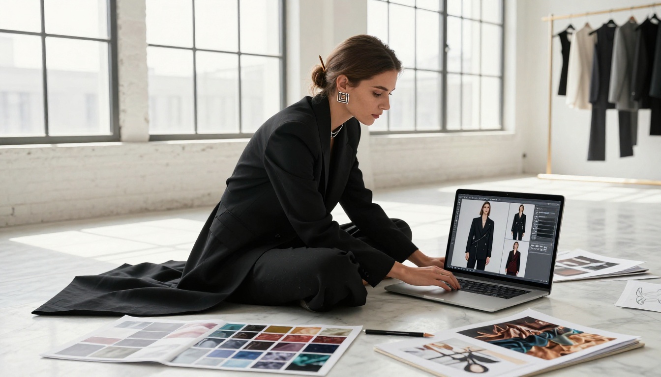 Elegant fashion designer reviewing a digital lookbook on a laptop surrounded by fabric swatches on a studio floor