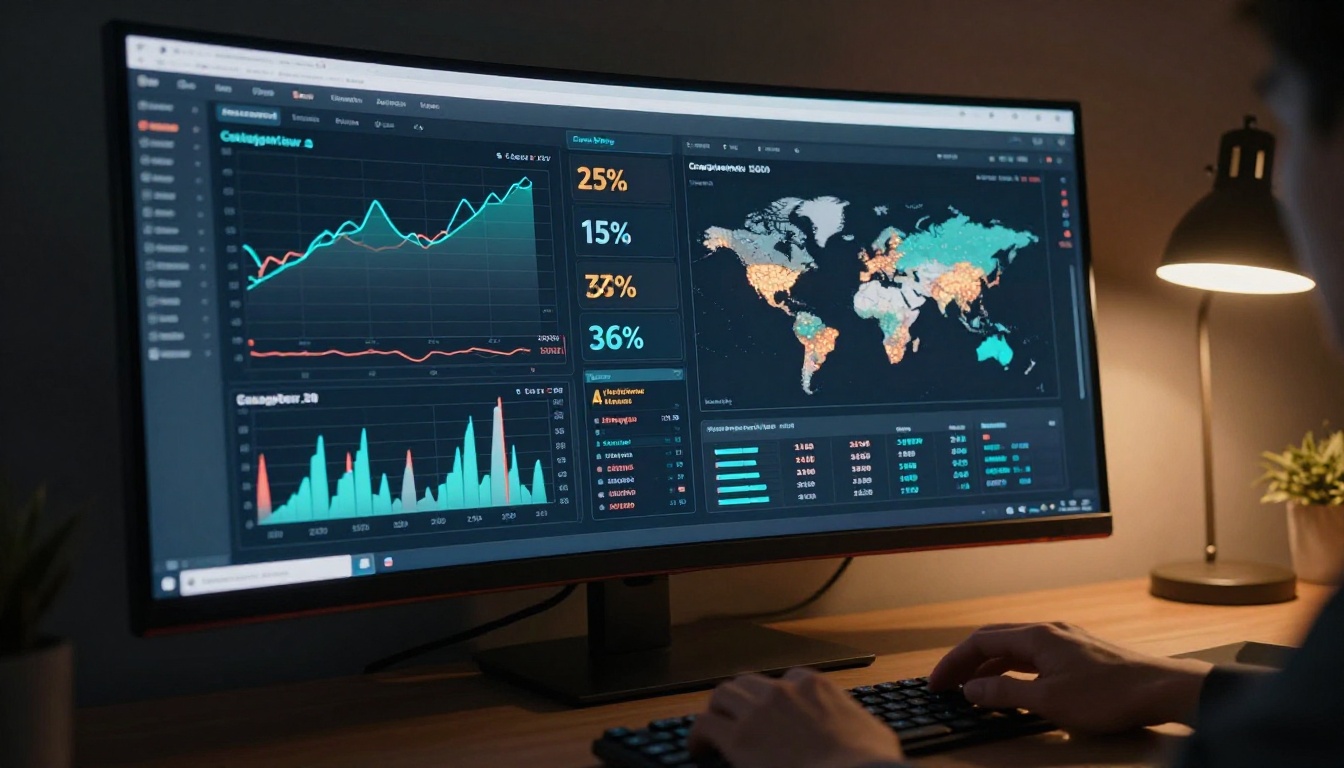 Analytics dashboard on an ultrawide monitor showing catalog page views, heatmaps, and performance data at night