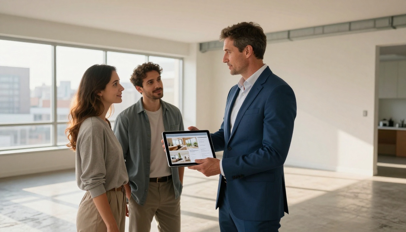 Real estate agent showing a digital property brochure on an iPad to a young couple in a bright modern apartment