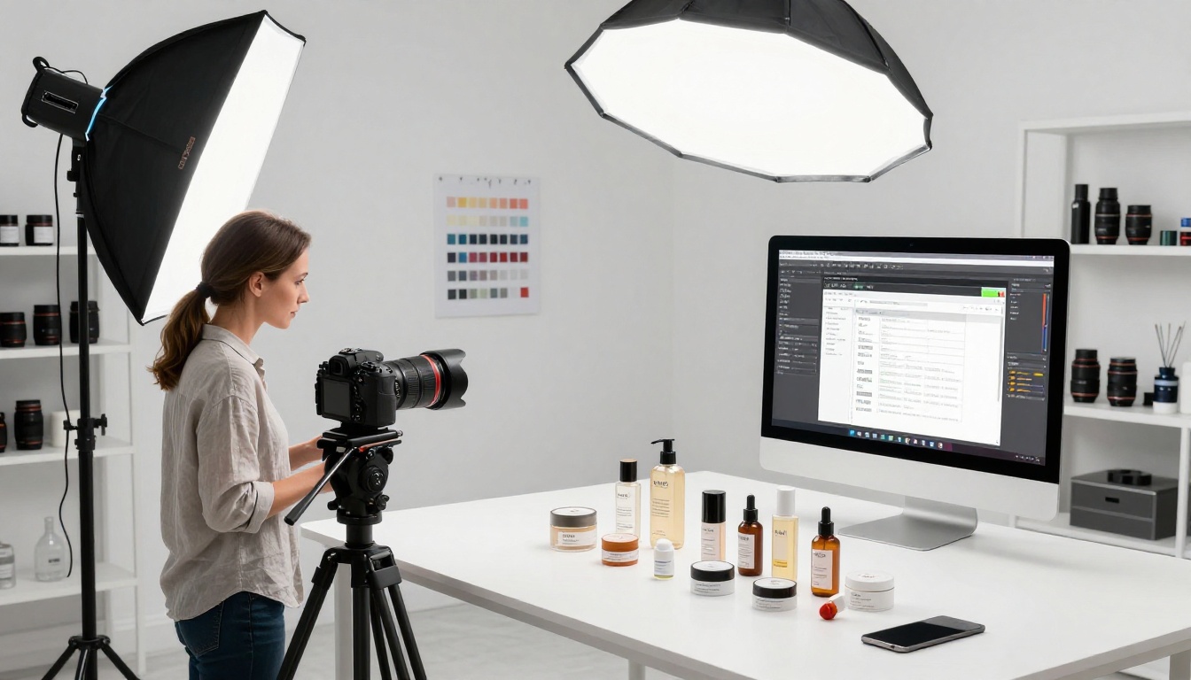 Product photographer uploading catalog content in a bright professional studio alongside an iMac display