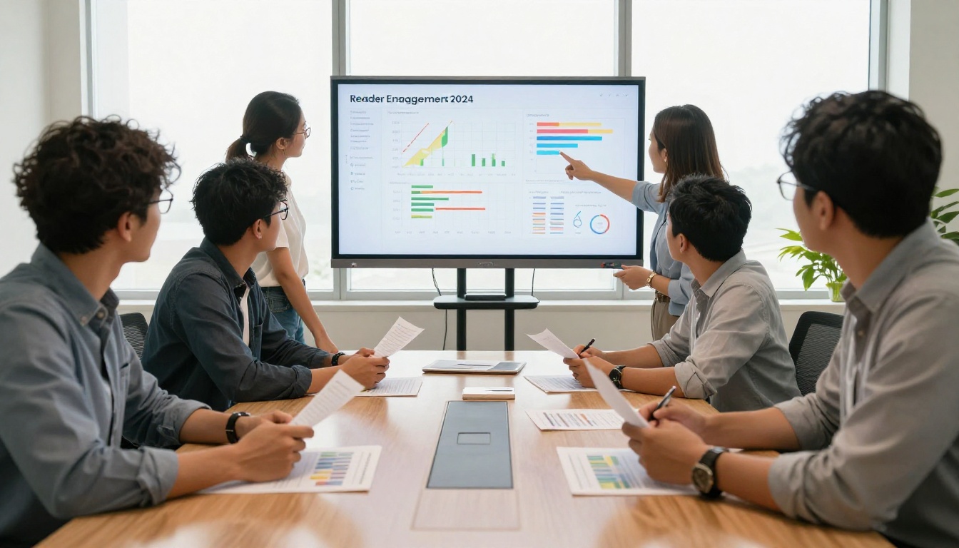 Marketing team reviewing analytics reports around a conference table