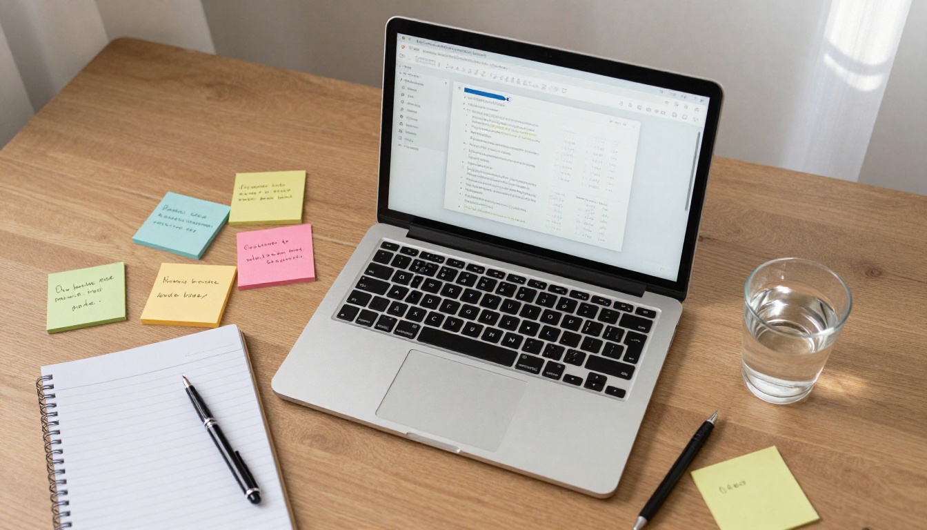 Overhead flat-lay view of organized desk with laptop, sticky notes, and analytics dashboard visible