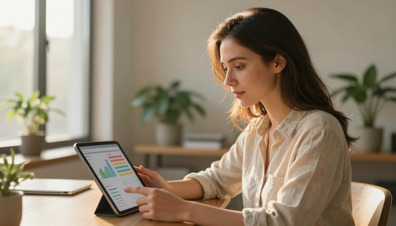 Woman reviewing flipbook analytics on tablet at a bright home office window