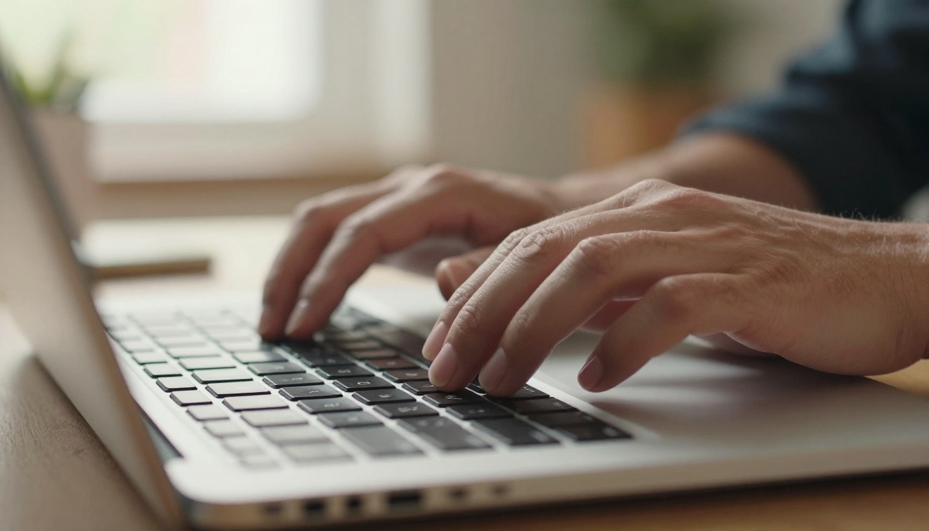 Close-up of hands typing on laptop with new reader notification visible on screen