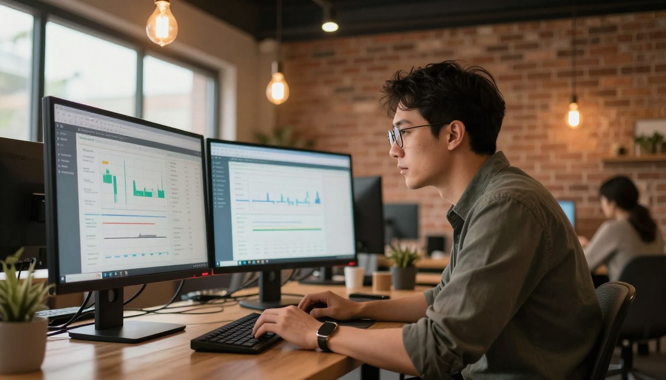 Digital marketing professional reviewing reader heatmap data on dual monitors in co-working space