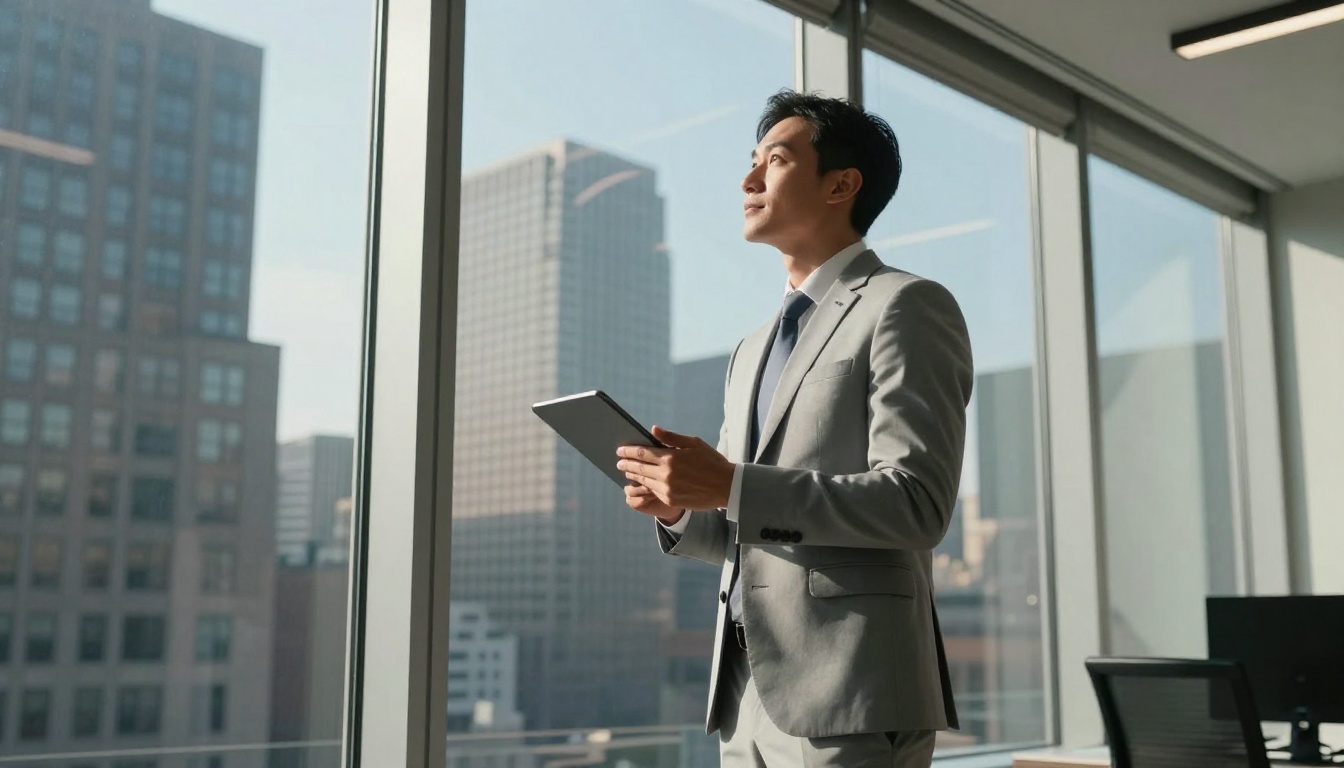 Sales professional reviewing lead capture data on tablet beside floor-to-ceiling office window with city view