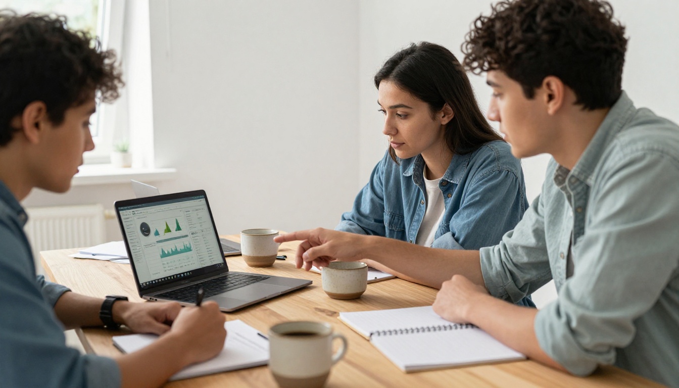 Two colleagues collaborating over a laptop showing real-time flipbook viewer statistics in a bright office