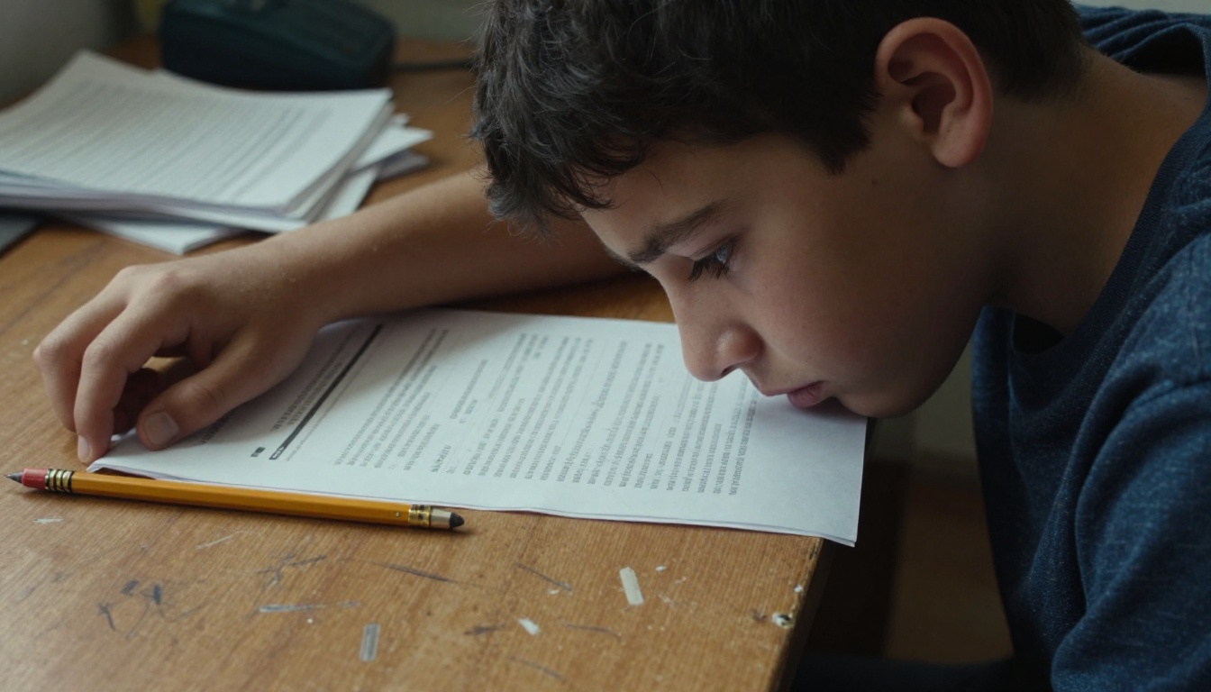 A young student slumped over a cluttered desk, staring blankly at a crumpled black-and-white worksheet, pencil abandoned beside it