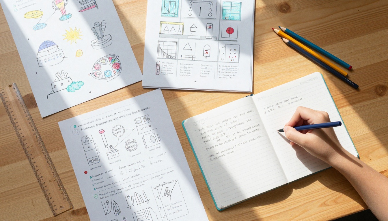 Aerial overhead view of a wooden table covered with colorful homework materials, worksheets, colored pencils, and a child's hand actively writing