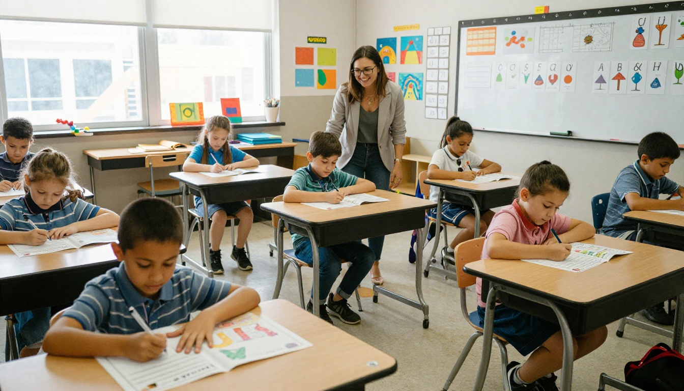 A bright elementary school classroom with young students working on colorful printed worksheet assignments, a cheerful teacher walking between desks