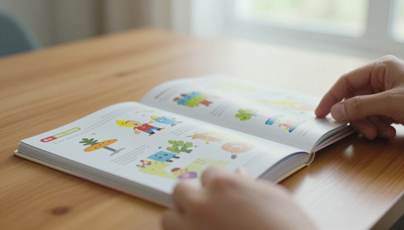 Close-up of hands flipping through the colorful pages of an educational booklet on a polished wooden table