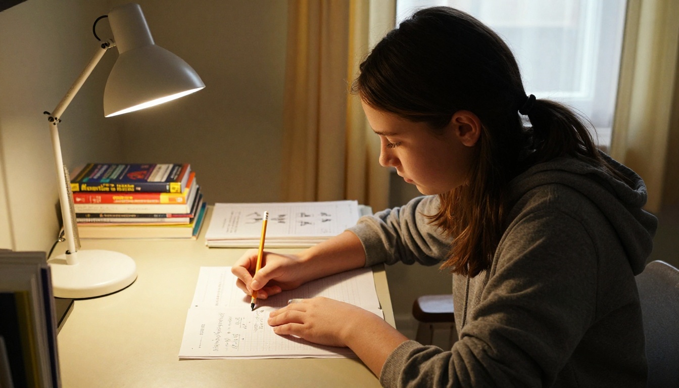 A teenage girl sitting at her bedroom desk, pencil in hand, working through math equations on graph paper, warm desk lamp light focused on her workspace