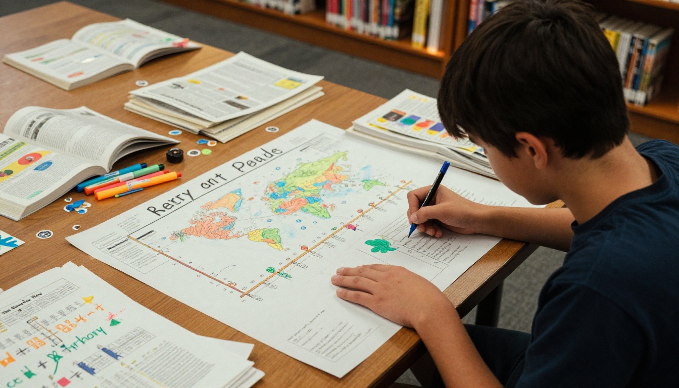 A middle school student at a library table surrounded by colorful social studies materials, hand-drawn maps, timelines, and reference books