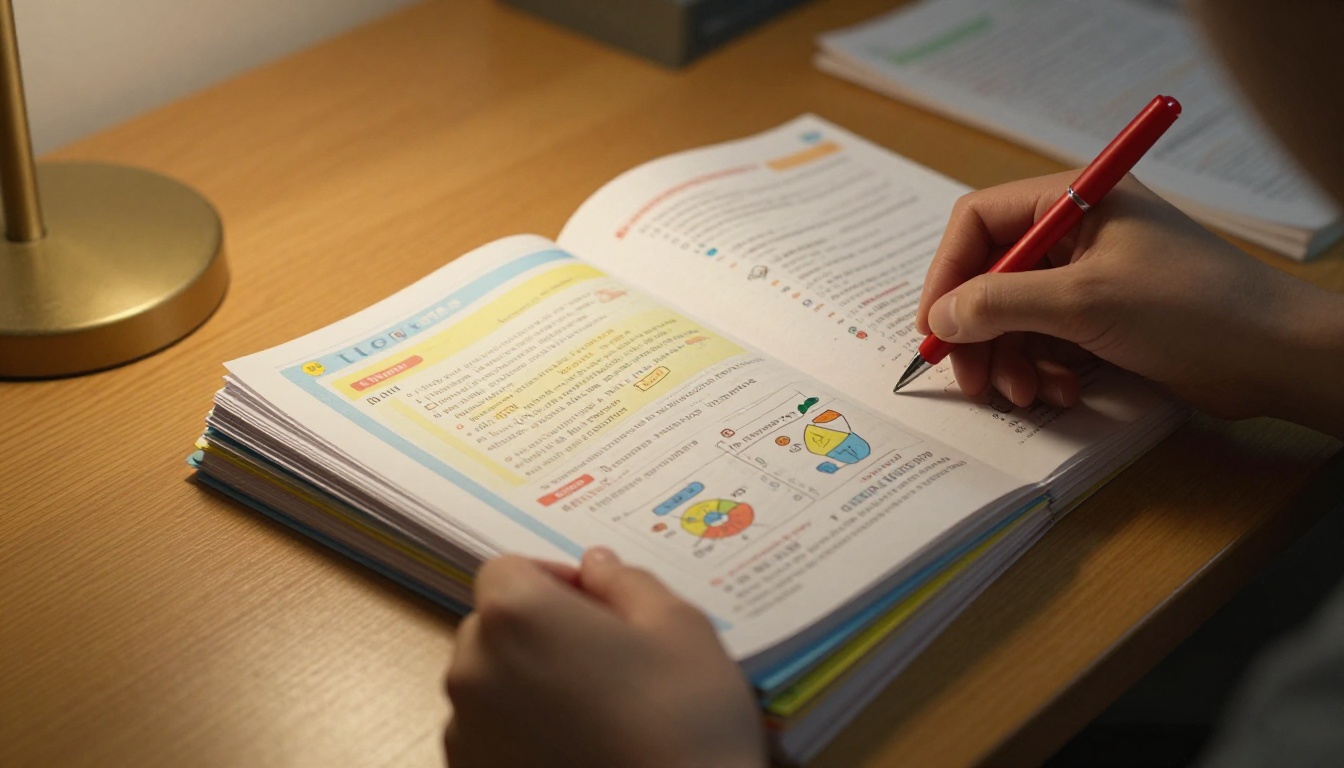 A teacher's hands organizing a stack of colorful homework sheets on a desk, with a red pen and warm lamp light illuminating the paper texture