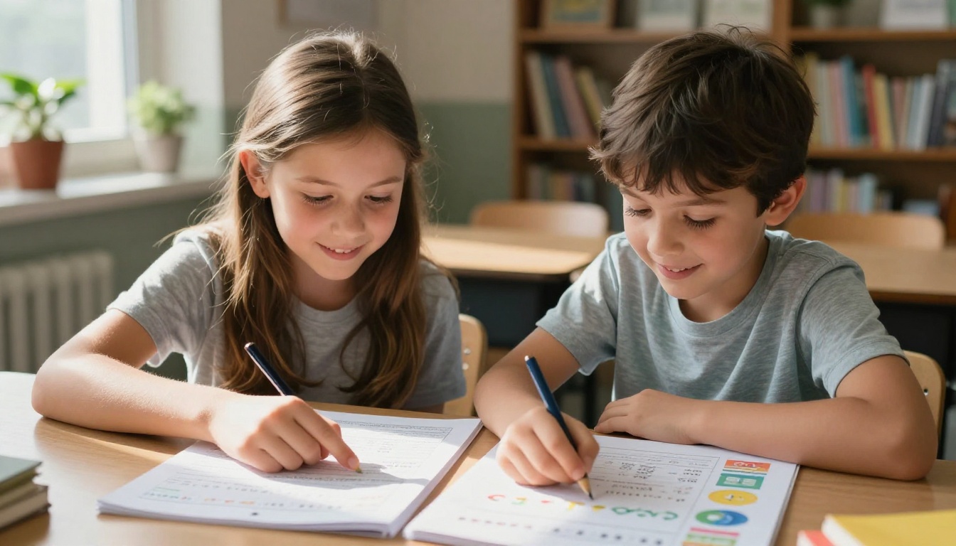 Two elementary school students sitting side by side at a desk, both smiling and pointing at sections of a colorful shared homework sheet