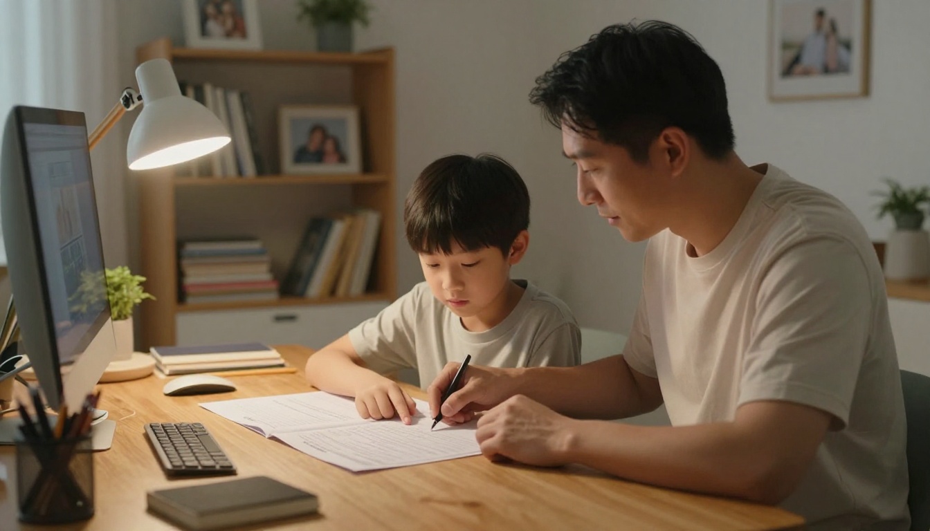 A parent and young child reviewing a homework worksheet together at a cozy home desk, warm evening lamp creating a domestic atmosphere