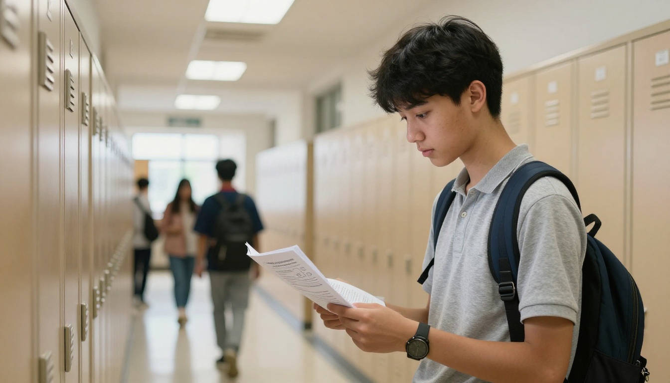 A high school student standing at a locker in a bright school hallway, reading a printed educational booklet with focus between classes