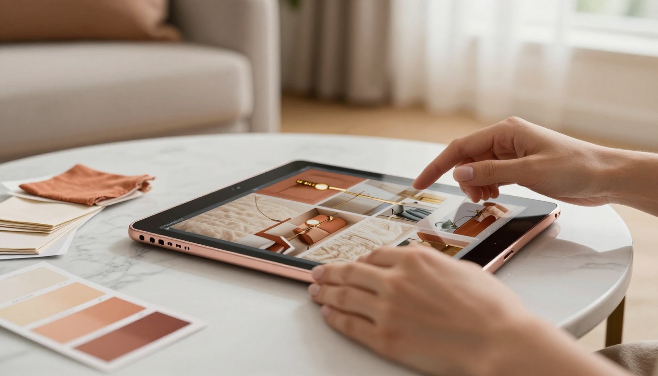 Close-up of hands browsing a luxury mood board on an iPad with Pantone chips and fabric swatches nearby Close-up of hands browsing a luxury mood board on an iPad with Pantone chips and fabric swatches nearby