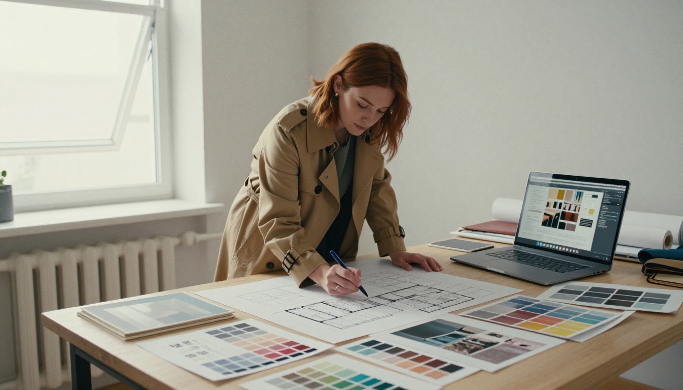 Interior designer reviewing mood boards at a drafting table in a bright minimalist studio Interior designer reviewing mood boards at a drafting table in a bright minimalist studio