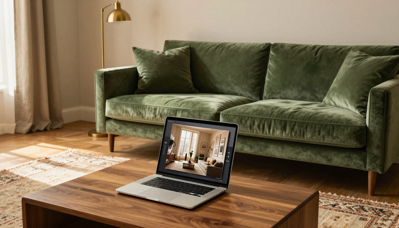 A high-end living room displayed on a laptop showing a beautiful digital flipbook proposal on a coffee table A high-end living room displayed on a laptop showing a beautiful digital flipbook proposal on a coffee table
