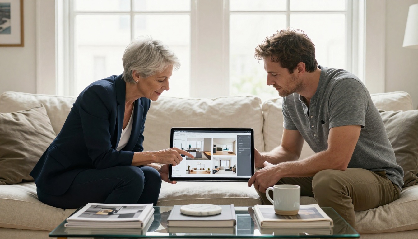 Two designers reviewing a portfolio flipbook together on a cream linen couch in a light-filled studio Two designers reviewing a portfolio flipbook together on a cream linen couch in a light-filled studio