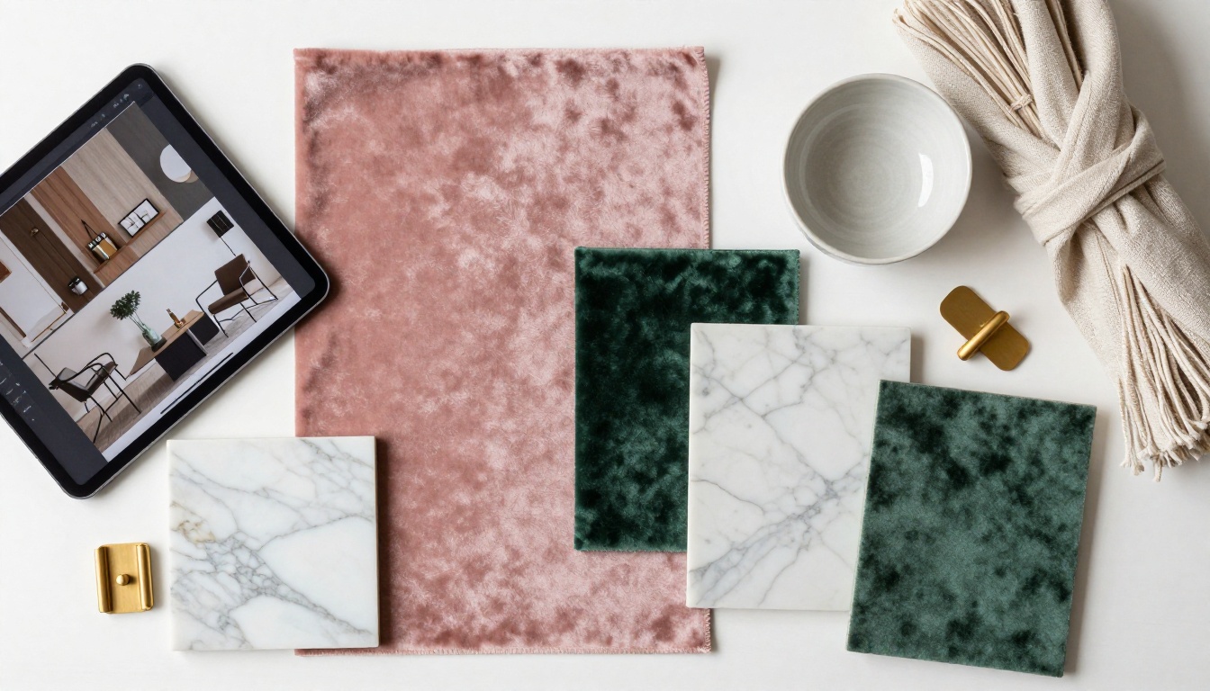 Aerial flat lay of material samples including velvet swatches, marble tiles, and brushed gold hardware pieces beside a slim iPad Aerial flat lay of material samples including velvet swatches, marble tiles, and brushed gold hardware pieces beside a slim iPad