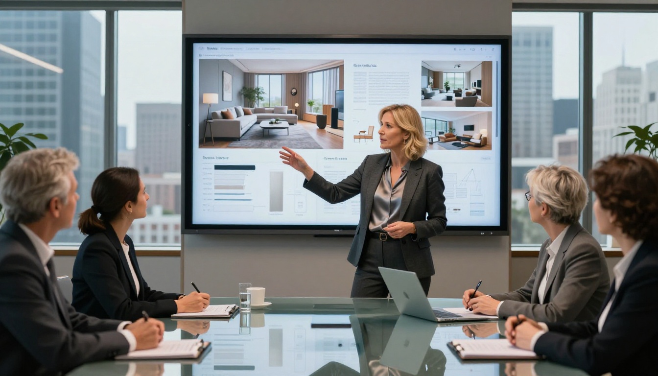 Professional interior designer presenting a digital proposal to corporate clients in a modern glass conference room Professional interior designer presenting a digital proposal to corporate clients in a modern glass conference room
