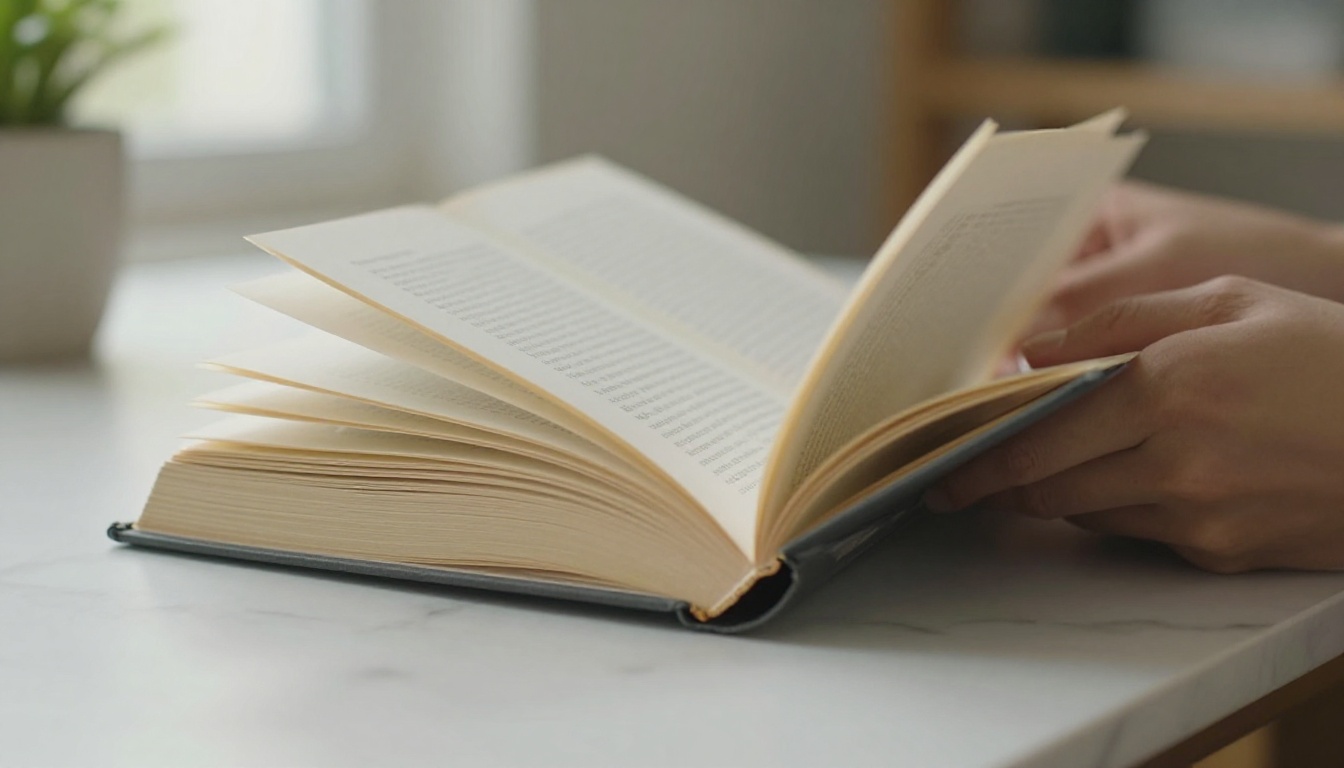 Book pages fanning open with a graceful curl arc on a white marble surface Book pages fanning open with a graceful curl arc on a white marble surface
