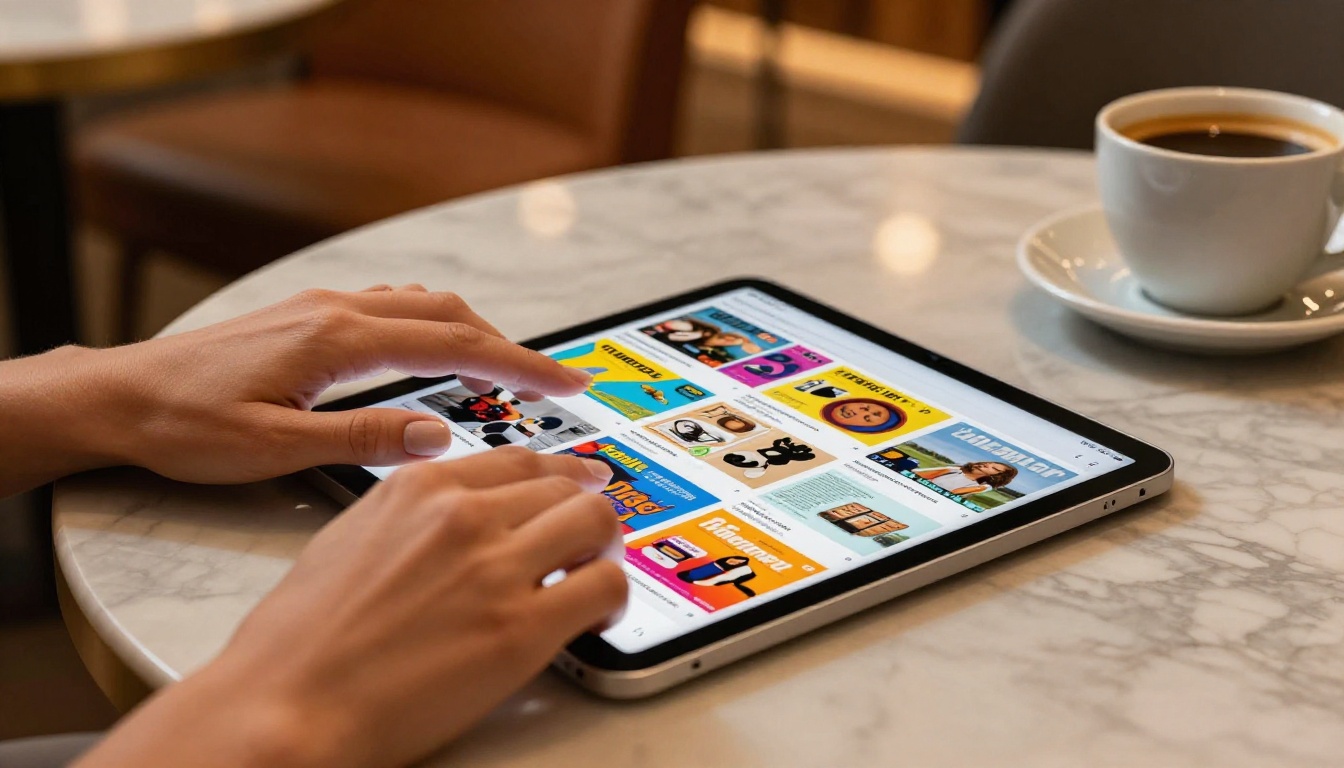 Woman browsing a digital flipbook on a tablet at a marble cafe table