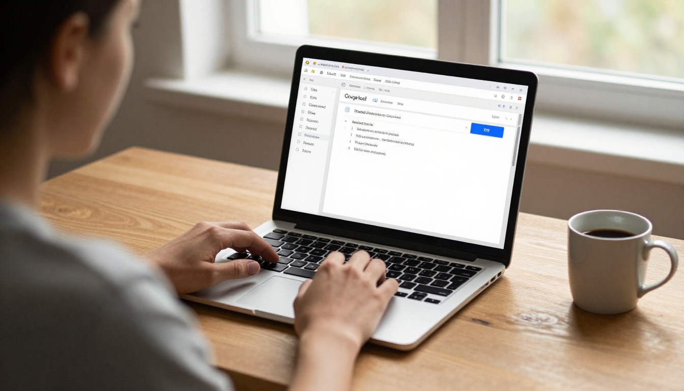 Over-the-shoulder view of a laptop showing Google Slides File menu with PDF download option Over-the-shoulder view of a laptop showing Google Slides File menu with PDF download option