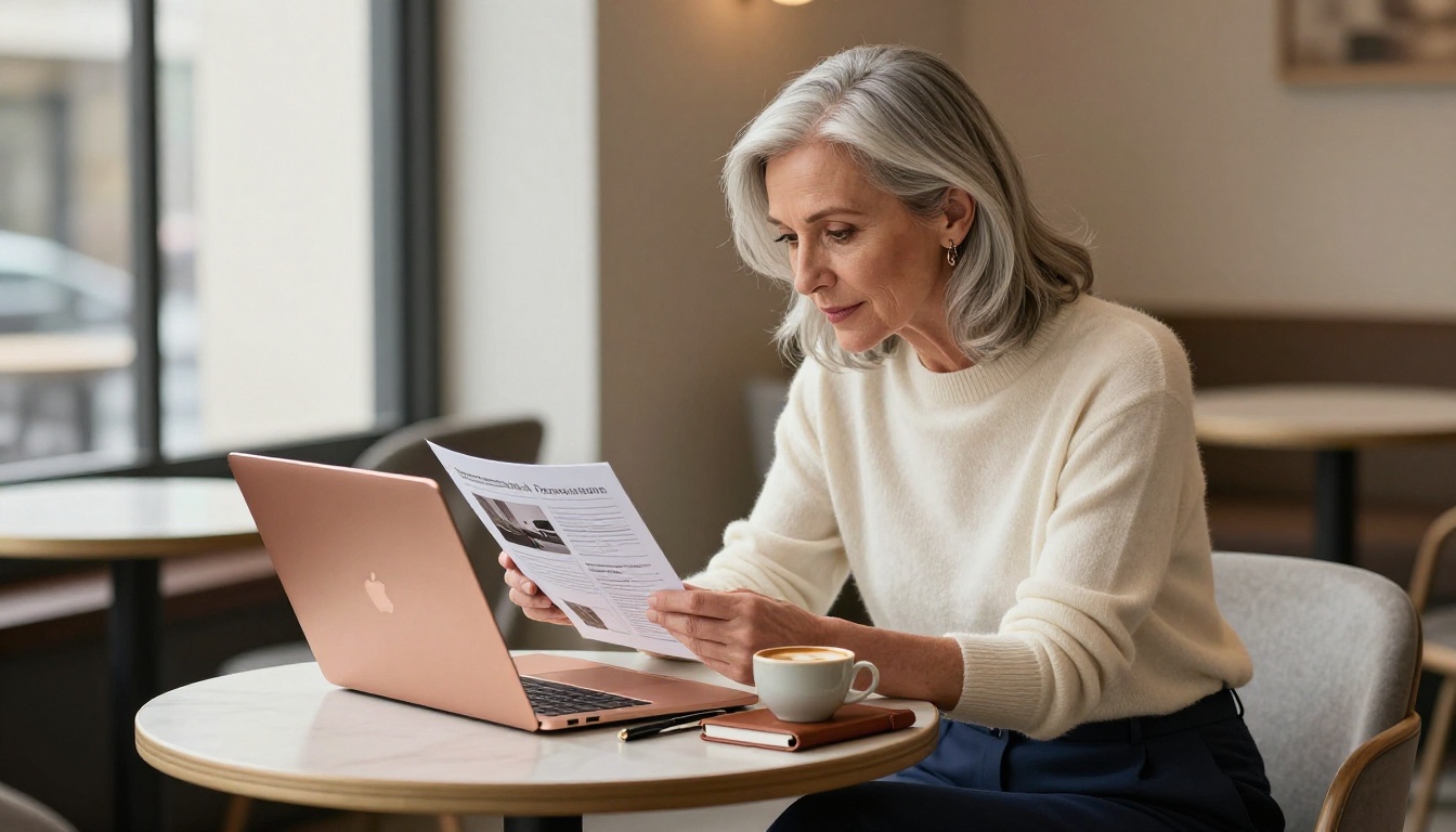 Affluent client reviewing a digital design proposal on a laptop in an upscale minimalist cafe with natural window light Affluent client reviewing a digital design proposal on a laptop in an upscale minimalist cafe with natural window light