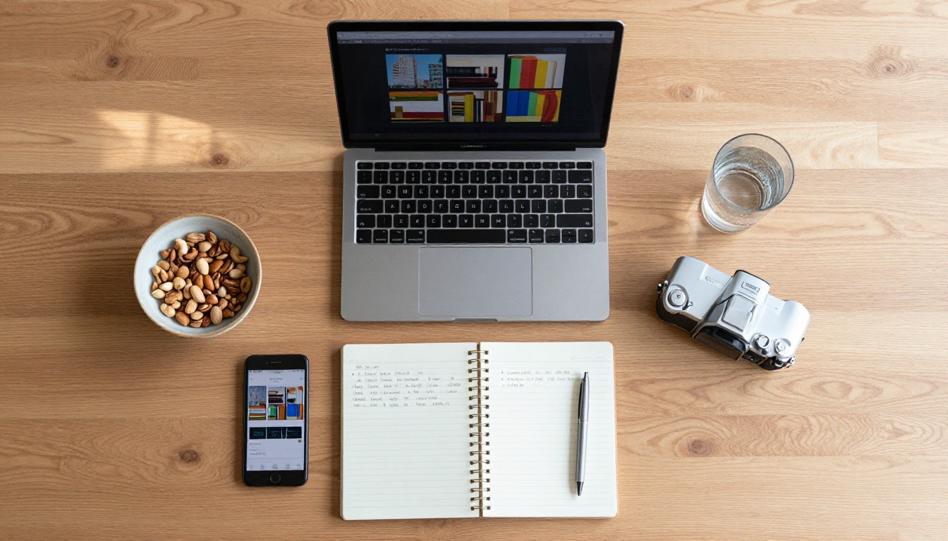Overhead flat-lay of multiple devices showing flipbook creation interfaces on a clean wooden desk