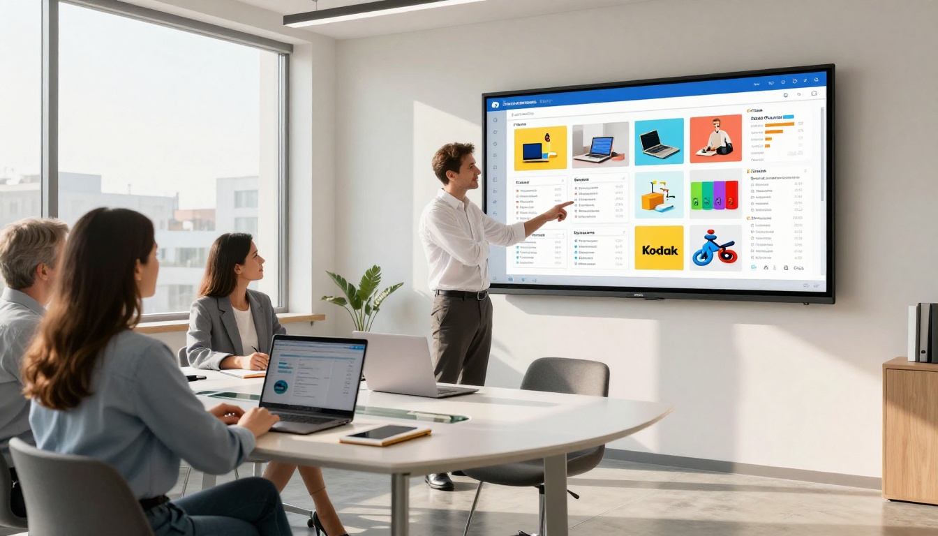 Marketing professional presenting a product catalog flipbook on a large conference room screen to colleagues