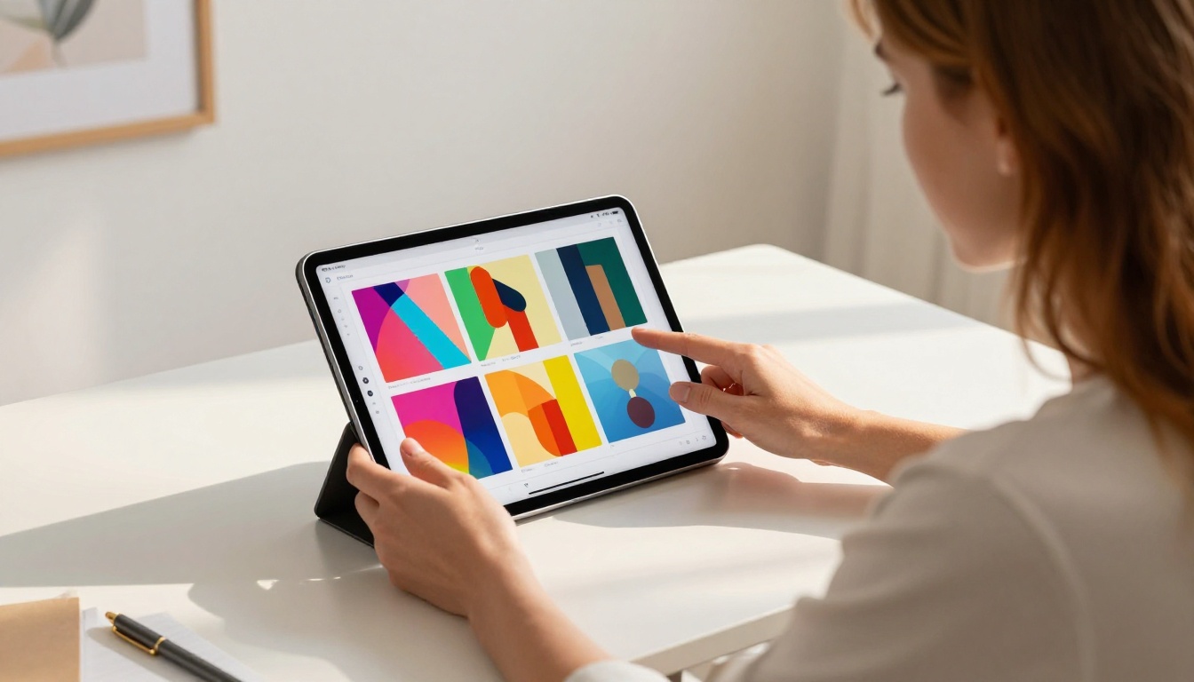Woman customizing flipbook branding on an iPad with color swatches and palette pickers Woman customizing flipbook branding on an iPad with color swatches and palette pickers