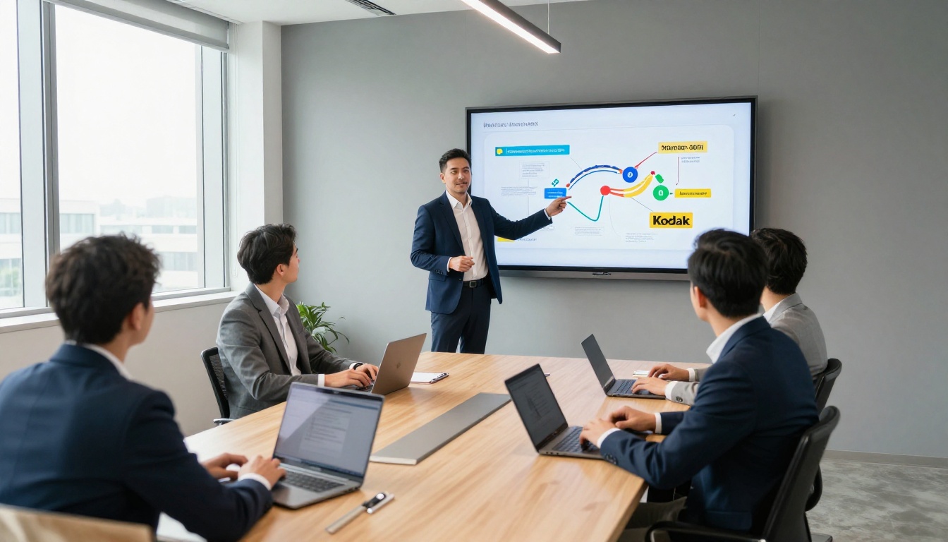 Professional man presenting an interactive flipbook on a conference room screen to colleagues Professional man presenting an interactive flipbook on a conference room screen to colleagues