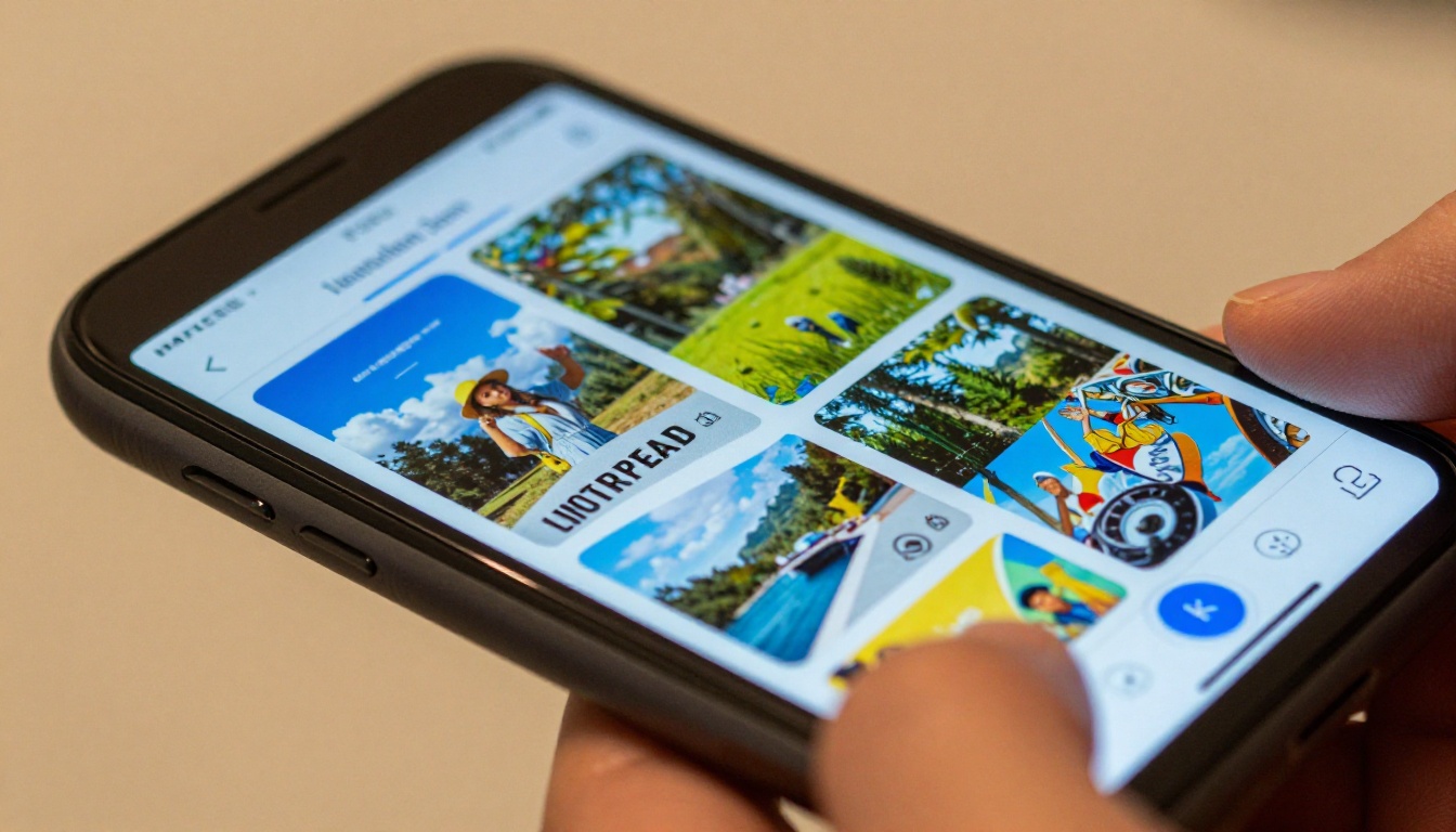 Smartphone screen close-up showing a mobile flipbook with page-turn animation mid-flip