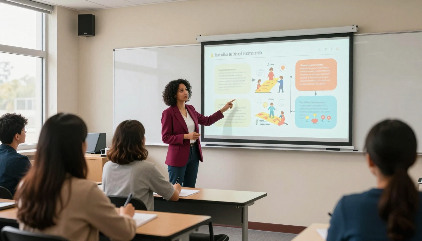 Teacher pointing at a projected colorful educational flipbook in a modern university classroom Teacher pointing at a projected colorful educational flipbook in a modern university classroom